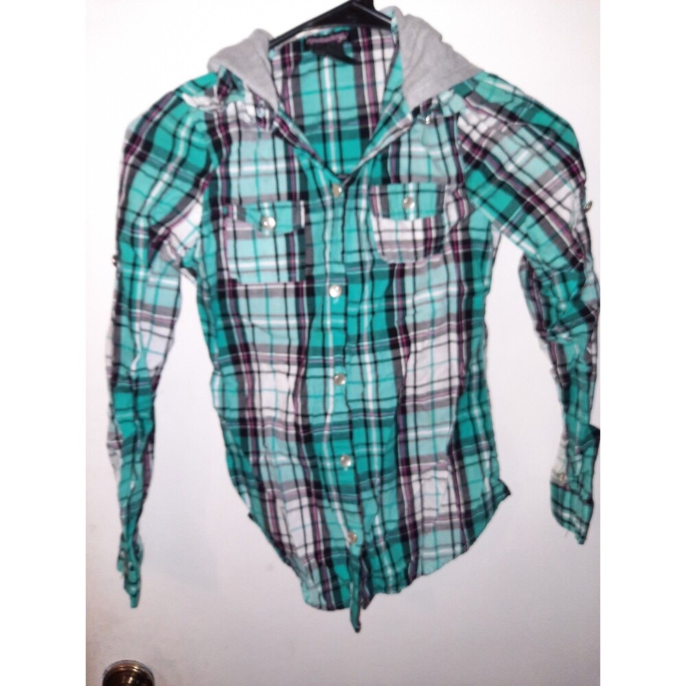 Girls Size M (10–12) Blue Plaid Hooded Shirt – Pearl Snap Buttons, Country Style